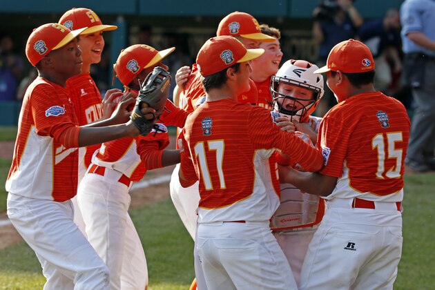 Texas catcher Chandler Spencer, second from right, begins to celebrate with Mark Requena (15) and Collin Ross (17) after getting the final out of a 6-5 win over North Carolina in the United States Championship baseball game at the Little League World Series tournament in South Williamsport, Pa., Saturday, Aug. 26, 2017. (AP Photo/Gene J. Puskar) Texas catcher Chandler Spencer, second from right, begins to celebrate with Mark Requena (15) and Collin Ross (17) after getting the final out of a 6-5 win over North Carolina in the United States Championship baseball game at the Little League World Series tournament in South Williamsport, Pa., Saturday, Aug. 26, 2017. (AP Photo/Gene J. Puskar)