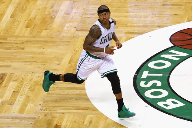 BOSTON, MA - MAY 19:  Isaiah Thomas #4 of the Boston Celtics runs in the first half against the Cleveland Cavaliers during Game Two of the 2017 NBA Eastern Conference Finals at TD Garden on May 19, 2017 in Boston, Massachusetts. NOTE TO USER: User expressly acknowledges and agrees that, by downloading and or using this photograph, User is consenting to the terms and conditions of the Getty Images License Agreement.  (Photo by Tim Bradbury/Getty Images)