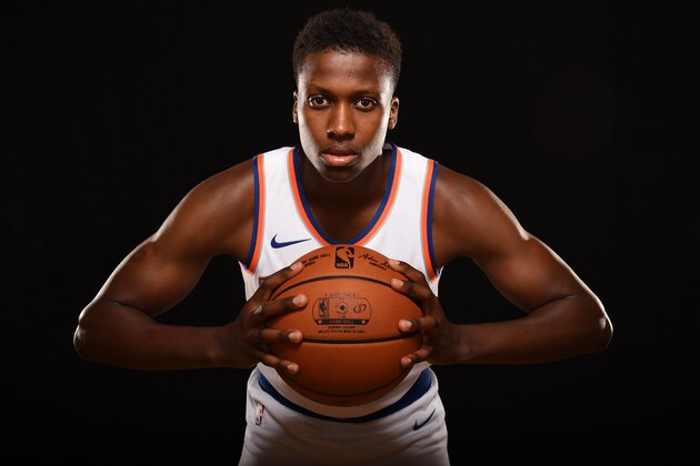 TARRYTOWN, NY - AUGUST 11:  Frank Ntilikina #11 of the New York Knicks poses for a photo during the 2017 NBA Rookie Photo Shoot at MSG training center on August 11, 2017 in Tarrytown, New York.  NOTE TO USER: User expressly acknowledges and agrees that, by downloading and or using this photograph, User is consenting to the terms and conditions of the Getty Images License Agreement. (Photo by Brian Babineau/Getty Images)