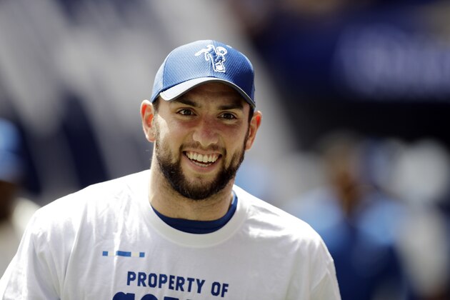 Injured Indianapolis Colts quarterback Andrew Luck watches from the sideline during the first half of an NFL preseason football game against the Detroit Lions Sunday, Aug. 13, 2017, in Indianapolis. (AP Photo/Darron Cummings)