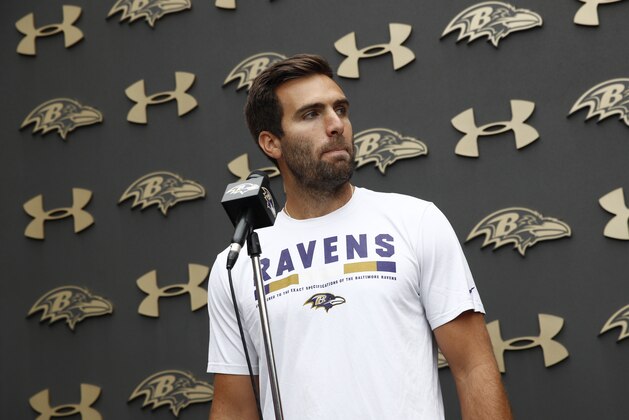 Baltimore Ravens quarterback Joe Flacco speaks at a news conference following an NFL football training camp practice in Owings Mills, Md., Friday, July 28, 2017. (AP Photo/Patrick Semansky) Baltimore Ravens quarterback Joe Flacco speaks at a news conference following an NFL football training camp practice in Owings Mills, Md., Friday, July 28, 2017. (AP Photo/Patrick Semansky)