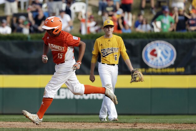 Lufkin, Texas' Mark Requena, left, rounds the bases after hitting the go-ahead two-run home run off Greenville, N.C.'s Chase Anderson during the sixth inning of the United States Championship baseball game at the Little League World Series tournament, Saturday, Aug. 26, 2017, in South Williamsport, Pa. Lufkin, Texas won 6-5. (AP Photo/Matt Slocum)