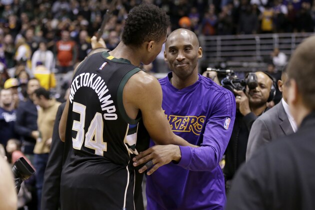 MILWAUKEE, WI - FEBRUARY 22: Kobe Bryant #24 of the Los Angeles Lakers hugs Giannis Antetokounmpo #34 of the Milwaukee Bucks after the game against the Milwaukee Bucks at BMO Harris Bradley Center on February 22, 2016 in Milwaukee, Wisconsin. NOTE TO USER: User expressly acknowledges and agrees that, by downloading and or using this photograph, User is consenting to the terms and conditions of the Getty Images License Agreement. (Photo by Mike McGinnis/Getty Images)