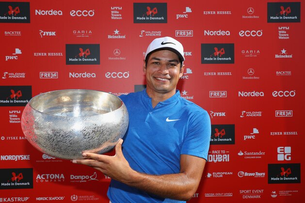 AALBORG, DENMARK - AUGUST 27:   Julian Suri of the United States poses with the trophy following his victory during the final round of the Made in Denmark at Himmerland Golf & Spa Resort on August 27, 2017 in Aalborg, Denmark.  (Photo by Warren Little/Getty Images)