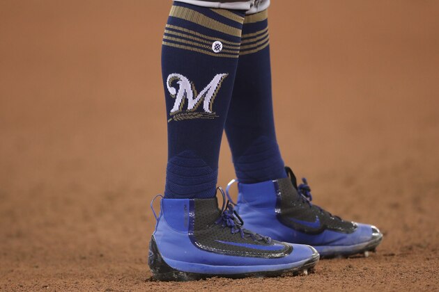TORONTO, ON - APRIL 11: The knee-high socks with the team logo worn by Hernan Perez #14 of the Milwaukee Brewers at third base during MLB game action against the Toronto Blue Jays at Rogers Centre on April 11, 2017 in Toronto, Canada. (Photo by Tom Szczerbowski/Getty Images)