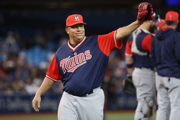 TORONTO, ON - AUGUST 25: Bartolo Colon #40 of the Minnesota Twins waves as he exits the game after being relieved in the seventh inning during MLB game action against the Toronto Blue Jays at Rogers Centre on August 25, 2017 in Toronto, Canada. (Photo by Tom Szczerbowski/Getty Images)