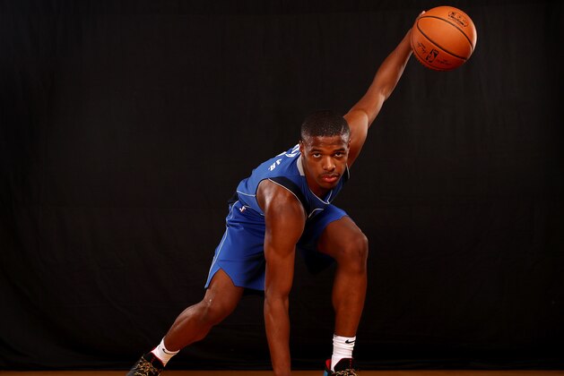 GREENBURGH, NY - AUGUST 11:  Dennis Smith Jr of the Dallas Mavericks poses for a portrait during the 2017 NBA Rookie Photo Shoot at MSG Training Center on August 11, 2017 in Greenburgh, New York.   NOTE TO USER: User expressly acknowledges and agrees that, by downloading and or using this photograph, User is consenting to the terms and conditions of the Getty Images License Agreement.  (Photo by Elsa/Getty Images)