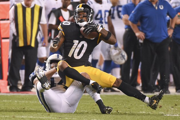 Pittsburgh Steelers wide receiver Martavis Bryant (10) after a catch against the Indianapolis Colts in an NFL preseason football game, Saturday, Aug. 26, 2017, in Pittsburgh. (AP Photo/Fred Vuich)