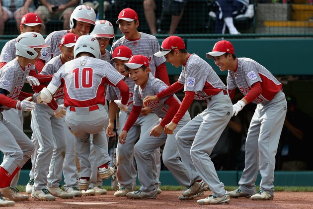 SOUTH WILLIAMSPORT, PA - AUGUST 27:  Keitaro Miyahara #10 of Japan celebrates with teammates after hitting a solo home run against the Southwest Team from Texas in the fourth inning during the Champioinship Game of the Little League World Series at Lamade Stadium on August 27, 2017 in South Williamsport, Pennsylvania.  (Photo by Rob Carr/Getty Images)