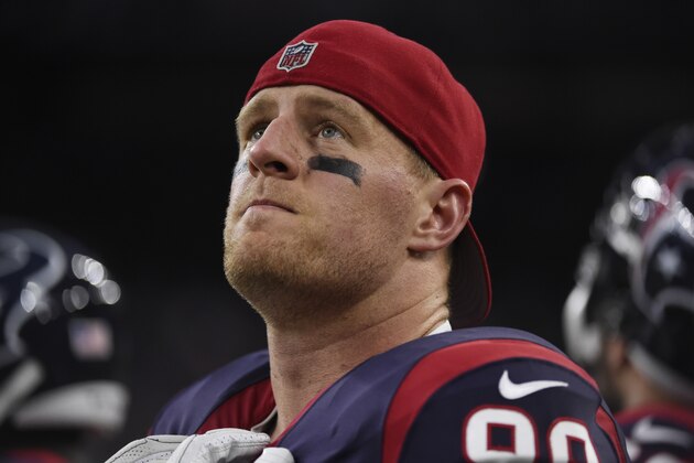 Houston Texans defensive end J.J. Watt (99) on the sideline during an NFL football preseason game against the New England Patriots Saturday, Aug. 19, 2017, in Houston. (AP Photo/Eric Christian Smith)