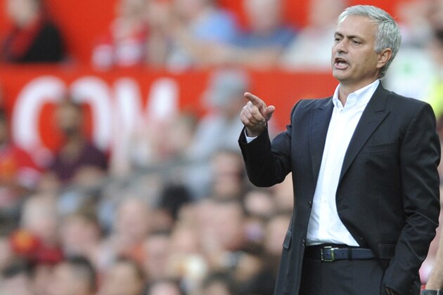 Manchester United manager Jose Mourinho gestures during the English Premier League soccer match between Manchester United and Leicester City at Old Trafford in Manchester, England, Saturday, Aug. 26, 2017. (AP Photo/Rui Vieira)
