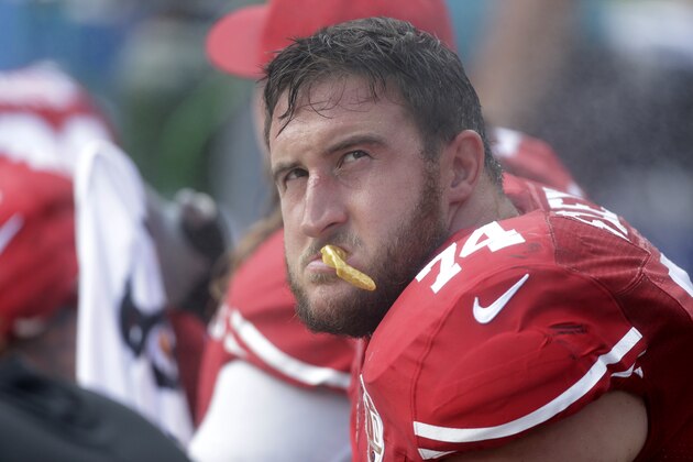 San Francisco 49ers' Joe Staley (74) on the bench during the second half of an NFL football game against the Carolina Panthers in Charlotte, N.C., Sunday, Sept. 18, 2016. The Panthers won 46-27. (AP Photo/Bob Leverone) San Francisco 49ers' Joe Staley (74) on the bench during the second half of an NFL football game against the Carolina Panthers in Charlotte, N.C., Sunday, Sept. 18, 2016. The Panthers won 46-27. (AP Photo/Bob Leverone)