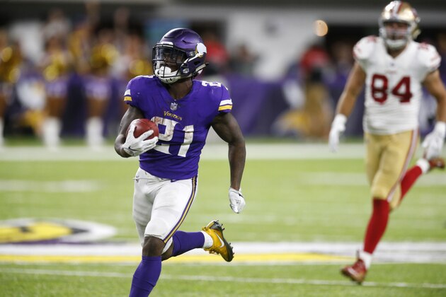 Minnesota Vikings running back Jerick McKinnon (21) returns a kickoff 108-yards for a touchdown during the second half of an NFL preseason football game against the San Francisco 49ers, Sunday, Aug. 27, 2017, in Minneapolis. (AP Photo/Jim Mone)