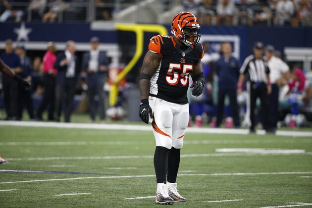 Cincinnati Bengals outside linebacker Vontaze Burfict (55) prepares to line up against the Dallas Cowboys during an NFL football game, Sunday, Oct. 9, 2016, in Arlington. (AP Photo/Michael Ainsworth)