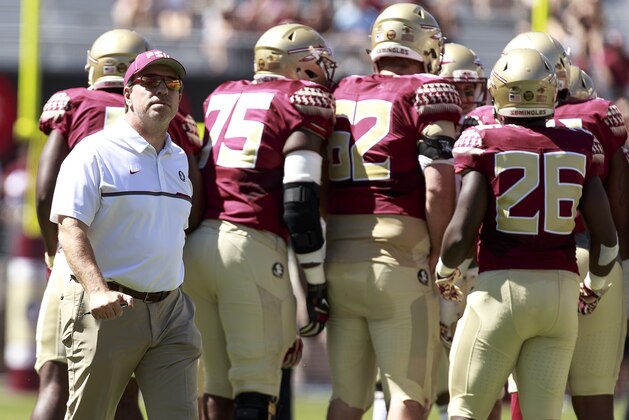TALLAHASSEE, FL - APRIL 8: Head Coach Jimbo Fisher of the Florida State Seminoles during the annual Garnet and Gold Spring Football game at Doak Campbell Stadium on Bobby Bowden Field on April 8, 2017 in Tallahassee, Florida. (Photo by Don Juan Moore/Getty Images)