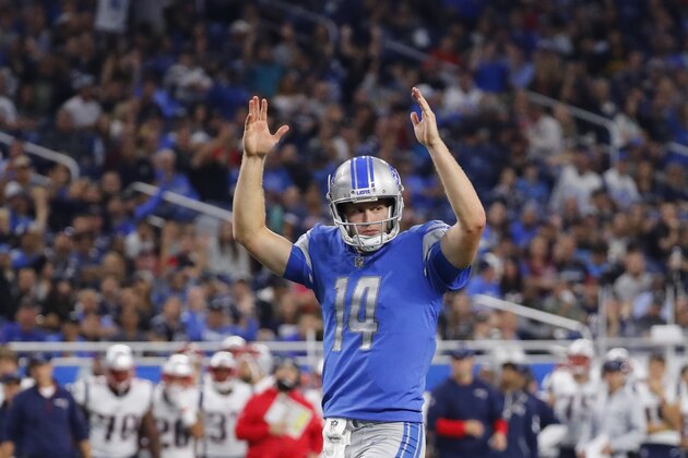 Detroit Lions quarterback Jake Rudock signals after a touchdown during the second half of an NFL preseason football game against the New England Patriots, Friday, Aug. 25, 2017, in Detroit. (AP Photo/Rick Osentoski)