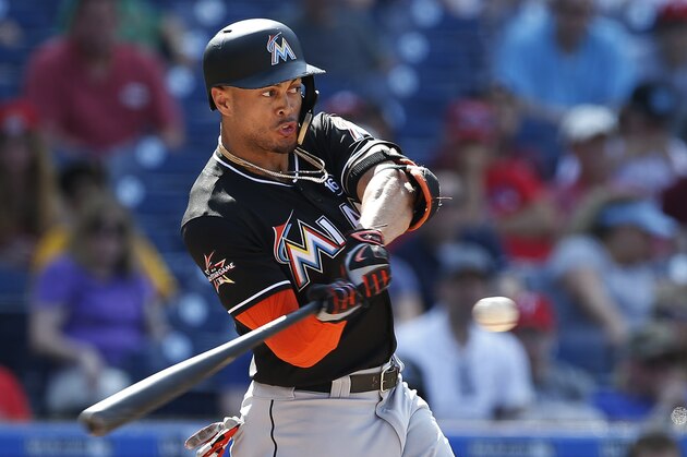 Miami Marlins' Giancarlo Stanton bats against the Philadelphia Phillies during a baseball game Thursday, Aug. 24, 2017, in Philadelphia, Pa. The Marlins defeated the Phillies 9-4. (AP Photo/Rich Schultz)