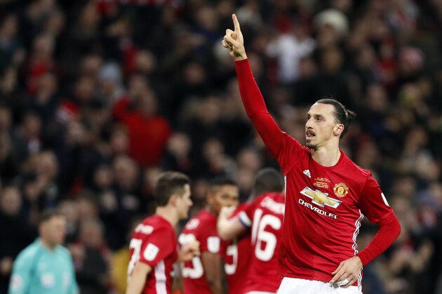 United's Zlatan Ibrahimovic celebrates after scoring his side's third goal during the English League Cup final soccer match between Manchester United and Southampton FC at Wembley stadium in London, Sunday, Feb. 26, 2017. (AP Photo/Kirsty Wigglesworth)