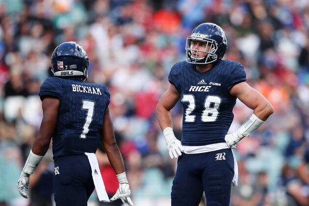 SYDNEY, AUSTRALIA - AUGUST 27:  Cole Thomas of Rce looks on during the College Football Sydney Cup match between Stanford University (Stanford Cardinal) and Rice University (Rice Owls) at Allianz Stadium on August 27, 2017 in Sydney, Australia.  (Photo by Matt King/Getty Images)