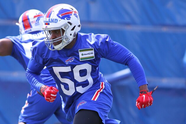Buffalo Bills linebacker Reggie Ragland (59) takes part in drills during their NFL football rookie minicamp in Orchard Park, N.Y., Friday, May 6, 2016. (AP Photo/Bill Wippert)