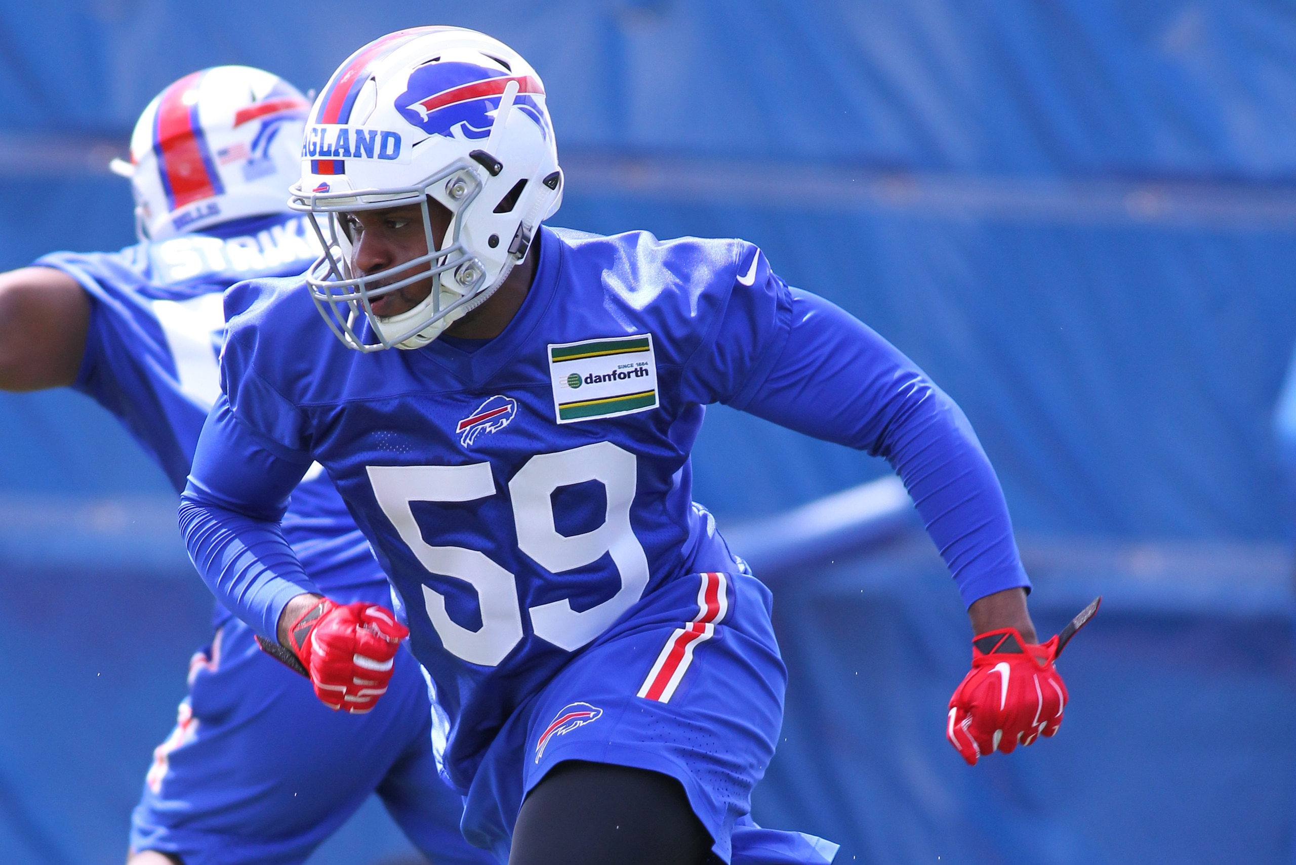 Buffalo Bills linebacker Reggie Ragland (59) takes part in drills during their NFL football rookie minicamp in Orchard Park, N.Y., Friday, May 6, 2016. (AP Photo/Bill Wippert)