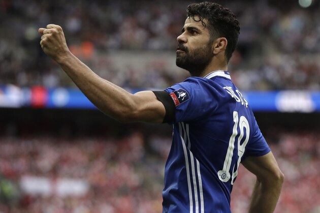 Chelsea's Diego Costa celebrates scoring his team's equalizer during the English FA Cup final soccer match between Arsenal and Chelsea at the Wembley stadium in London, Saturday, May 27, 2017. (AP Photo/Matt Dunham)