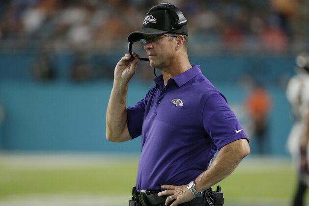 Baltimore Ravens head coach John Harbaugh watched the game, during the first half of an NFL preseason football game against the Miami Dolphins, Thursday, Aug. 17, 2017, in Miami Gardens, Fla. (AP Photo/Lynne Sladky) Baltimore Ravens head coach John Harbaugh watched the game, during the first half of an NFL preseason football game against the Miami Dolphins, Thursday, Aug. 17, 2017, in Miami Gardens, Fla. (AP Photo/Lynne Sladky)