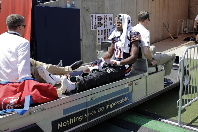 Chicago Bears wide receiver Cameron Meredith (81) is taken from the field after being injured on a run against the Tennessee Titans in the first half of an NFL football preseason game Sunday, Aug. 27, 2017, in Nashville, Tenn. (AP Photo/James Kenney)