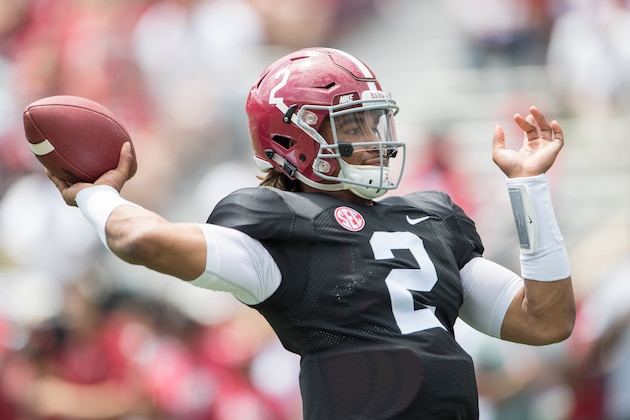 TUSCALOOSA, AL - APRIL 22: Quarterback Jalen Hurts #2 of the Alabama Crimson Tide at Bryant-Denny Stadium on April 22, 2017 in Tuscaloosa, Alabama. (Photo by Michael Chang/Getty Images) TUSCALOOSA, AL - APRIL 22: Quarterback Jalen Hurts #2 of the Alabama Crimson Tide at Bryant-Denny Stadium on April 22, 2017 in Tuscaloosa, Alabama. (Photo by Michael Chang/Getty Images)