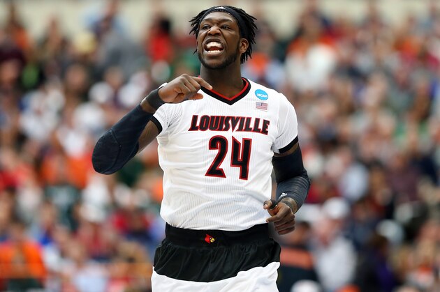 SYRACUSE, NY - MARCH 29:  Montrezl Harrell #24 of the Louisville Cardinals reacts in the first half of the game against the Michigan State Spartans during the East Regional Final of the 2015 NCAA Men's Basketball Tournament at Carrier Dome on March 29, 2015 in Syracuse, New York.  (Photo by Maddie Meyer/Getty Images)