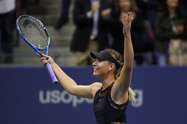 Aug 28, 2017; New York, NY, USA; Maria Sharapova of Russia waves to the crowd after her match against Simona Halep of Romania (not pictured) on day one of the U.S. Open tennis tournament at USTA Billie Jean King National Tennis Center. Mandatory Credit: Geoff Burke-USA TODAY Sports