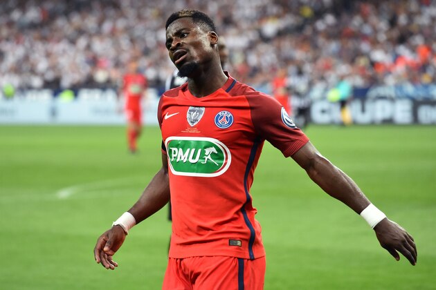 Paris Saint-Germain's Ivorian defender Serge Aurier reacts  during the French Cup final football match between Paris Saint-Germain (PSG) and Angers (SCO) on May 27, 2017, at the Stade de France in Saint-Denis, north of Paris. / AFP PHOTO / JEAN-FRANCOIS MONIER        (Photo credit should read JEAN-FRANCOIS MONIER/AFP/Getty Images)