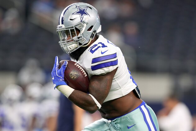 ARLINGTON, TX - AUGUST 19:  Ezekiel Elliott #21 of the Dallas Cowboys carries the ball during pregame warm-up before the Dallas Cowboys take on the Indianapolis Colts in a Preseason game at AT&T Stadium on August 19, 2017 in Arlington, Texas.  (Photo by Tom Pennington/Getty Images)