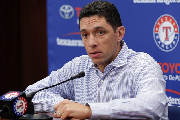 Texas Rangers general manager Jon Daniels responds to a question during a news conference about the trade of pitcher Yu Darvish before a baseball game against the Seattle Mariners on Monday, July 31, 2017, in Arlington, Texas. (AP Photo/Tony Gutierrez)
