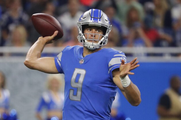 Detroit Lions quarterback Matthew Stafford looks downfield during the first half of an NFL football game against the New England Patriots, Friday, Aug. 25, 2017, in Detroit. (AP Photo/Rick Osentoski)