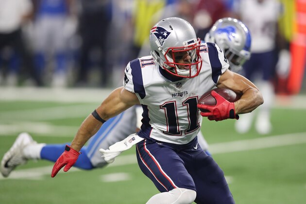 DETROIT, MI - AUGUST 25: Julian Edelman #11 of the New England Patriots runs for yards after a first quarter catch while playing the Detroit Lions during a preseason game at Ford Field on August 25, 2017 in Detroit, Michigan. (Photo by Gregory Shamus/Getty Images) DETROIT, MI - AUGUST 25: Julian Edelman #11 of the New England Patriots runs for yards after a first quarter catch while playing the Detroit Lions during a preseason game at Ford Field on August 25, 2017 in Detroit, Michigan. (Photo by Gregory Shamus/Getty Images)