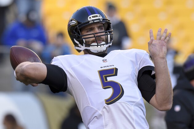 Baltimore Ravens quarterback Joe Flacco (5) warm ups before an NFL football game against the Pittsburgh Steelers in Pittsburgh, Sunday, Dec. 25, 2016. (AP Photo/Don Wright)