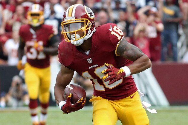 Sep 18, 2016; Landover, MD, USA; Washington Redskins wide receiver Josh Doctson (18) runs with the ball against the Dallas Cowboys at FedEx Field. Mandatory Credit: Geoff Burke-USA TODAY Sports