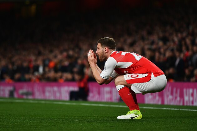 LONDON, ENGLAND - APRIL 05: Shkodran Mustafi of Arsenal reacts during the Premier League match between Arsenal and West Ham United at the Emirates Stadium on April 5, 2017 in London, England.  (Photo by Dan Mullan/Getty Images)