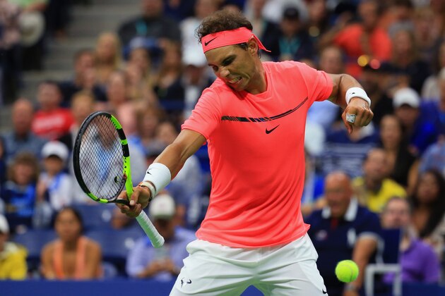 NEW YORK, NY - AUGUST 29:  Rafael Nadal of Spain reacts to a set point against Dusan Lajovic of Serbia in their first round Men's Singles match on Day Two during the 2017 US Open at the USTA Billie Jean King National Tennis Center on August 29, 2017 in the Queens borough of New York City.  (Photo by Chris Trotman/Getty Images for USTA)