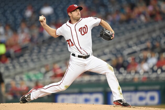 WASHINGTON, DC - AUGUST 28:  Max Scherzer #31 of the Washington Nationals pitches in the first inning during a baseball game against the Miami Marlins at Nationals Park on August 28, 2017 in Washington,DC.  (Photo by Mitchell Layton/Getty Images)