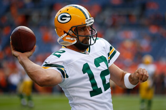 DENVER, CO - AUGUST 26:  Quarterback Aaron Rodgers #12 of the Green Bay Packers warms up before a Preseason game against the Denver Broncos at Sports Authority Field at Mile High on August 26, 2017 in Denver, Colorado. (Photo by Justin Edmonds/Getty Images)