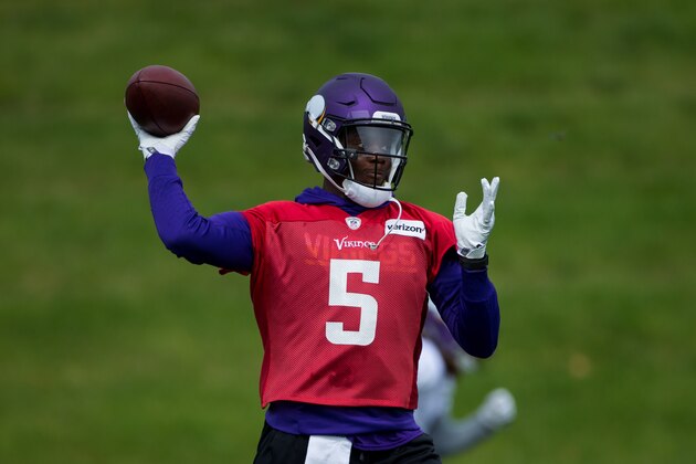 Jun 13, 2017; Eden Prarie, MN, USA; Minnesota Vikings quarterback Teddy Bridgewater (5) passes at Winter Park in Eden Prairie, MN. Mandatory Credit: Brad Rempel-USA TODAY Sports