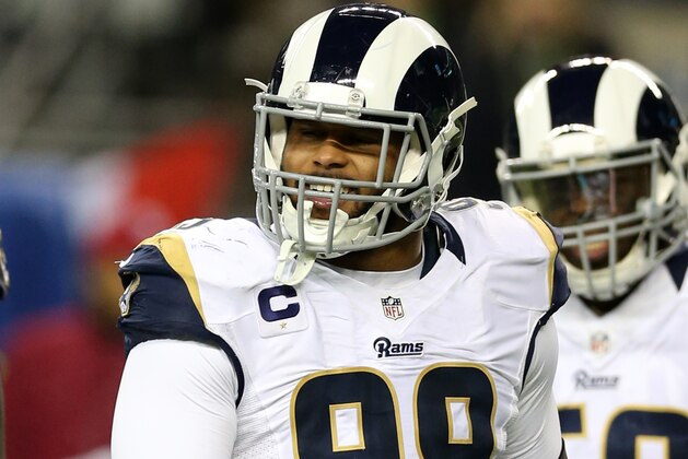 SEATTLE, WA - DECEMBER 15:  Aaron Donald #99 of the Los Angeles Rams looks on during the game against the Seattle Seahawks at CenturyLink Field on December 15, 2016 in Seattle, Washington.  The Seahawks defeated the Rams 24-3.  (Photo by Rob Leiter via Getty Images)