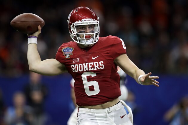 NEW ORLEANS, LA - JANUARY 02:  Baker Mayfield #6 of the Oklahoma Sooners throws a pass against the Auburn Tigers during the Allstate Sugar Bowl at the Mercedes-Benz Superdome on January 2, 2017 in New Orleans, Louisiana.  (Photo by Sean Gardner/Getty Images)