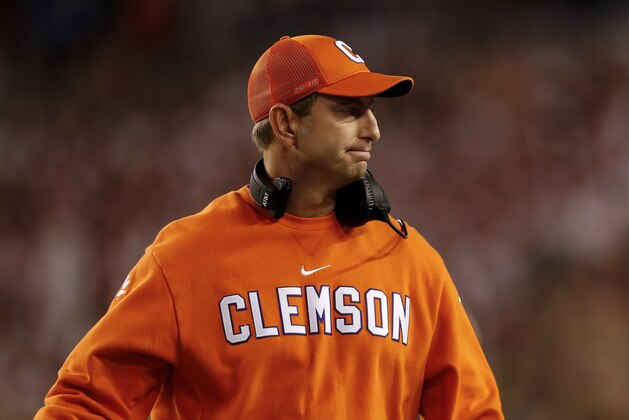 TAMPA, FL - JANUARY 09: Head Coach Dabo Swinney of the Clemson Tigers on the sidelines during the 2017 College Football Playoff National Championship Game against the Alabama Crimson Tide at Raymond James Stadium on January 9, 2017 in Tampa, Florida. The Clemson Tigers defeated The Alabama Crimson Tide 35 to 31. (Photo by Don Juan Moore/Getty Images)