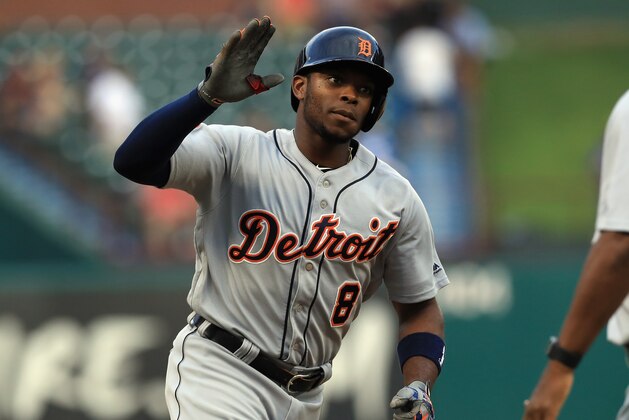 ARLINGTON, TX - AUGUST 14:  Justin Upton #8 of the Detroit Tigers runs the bases after a two-run homerun against the Texas Rangers in the first inning at Globe Life Park in Arlington on August 14, 2017 in Arlington, Texas.  (Photo by Ronald Martinez/Getty Images)