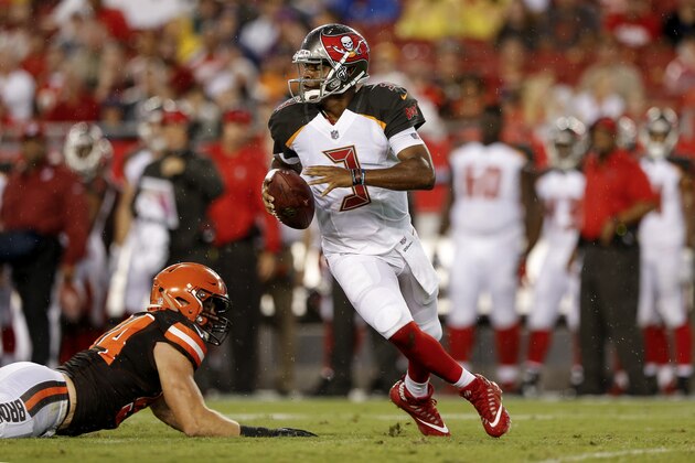 TAMPA, FL - AUGUST 26: Quarterback Jameis Winston #3 of the Tampa Bay Buccaneers avoid a tackle by Defensive End Carl Nassib #94 of the Cleveland Browns during the game at Raymond James Stadium on August 26, 2017 in Tampa, Florida. The Browns defeated the Buccaneers 13 to 9. (Photo by Don Juan Moore/Getty Images)