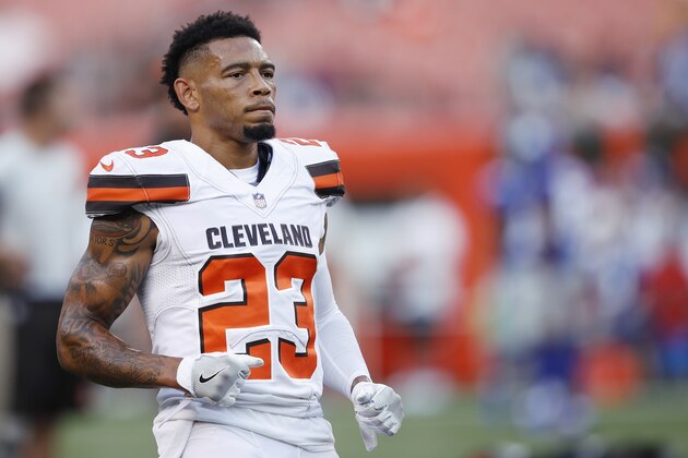 CLEVELAND, OH - AUGUST 21: Joe Haden #23 of the Cleveland Browns looks on during a preseason game against the New York Giants at FirstEnergy Stadium on August 21, 2017 in Cleveland, Ohio. (Photo by Joe Robbins/Getty Images)