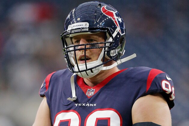 HOUSTON, TX - AUGUST 19:   J.J. Watt #99 of the Houston Texans warms up before playing the New England Patriots in a preseason game at NRG Stadium on August 19, 2017 in Houston, Texas.  (Photo by Bob Levey/Getty Images)